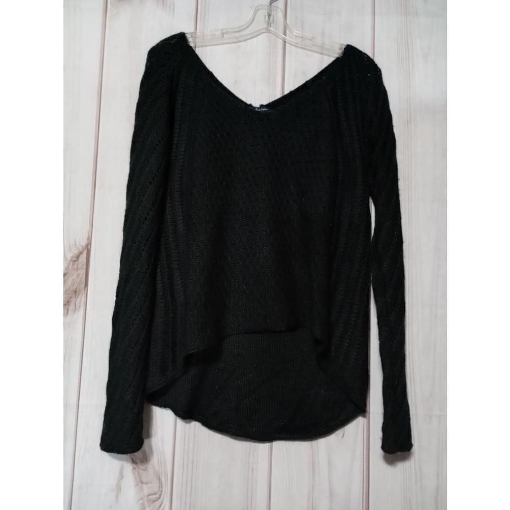 American Eagle Womens Black Metallic Knit V-Neck High Low Sweater Size L